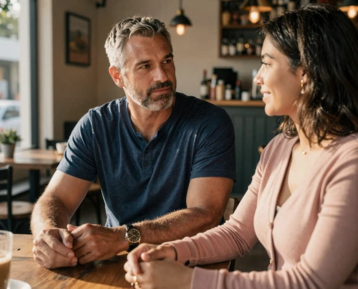 David and Camila at San Antonio cafe - veteran dating success story