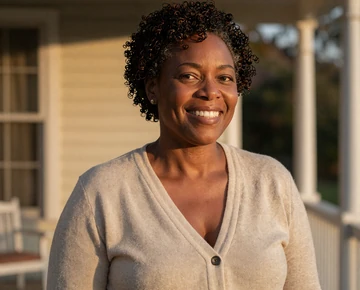 Mature woman on a golden hour porch - veteran dating site category