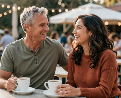 David and Camila at cafe - veteran dating success story