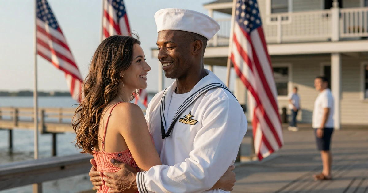 Navy sailor Marcus embracing Hannah at Norfolk homecoming - military love story