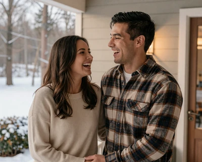 James and Sofia on a snowy Fort Drum porch - infantry dating success story