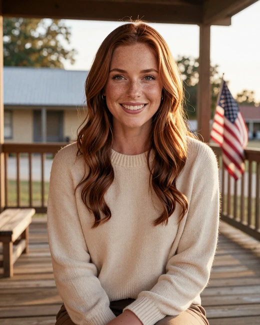 Hailey, smiling American woman on a porch - army dating site member welcoming a soldier home