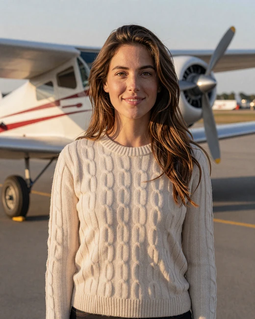 Elena, smiling woman on a sunlit airfield - military pilot dating site member waiting for an aviator's landing