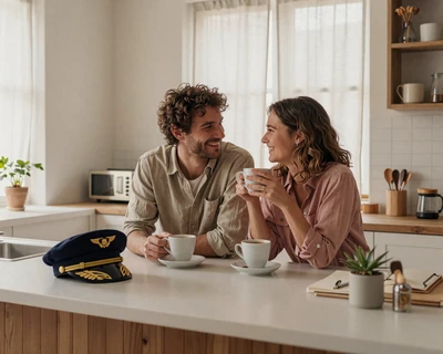 Airline pilot couple in a bright morning kitchen - airline pilot dating moment