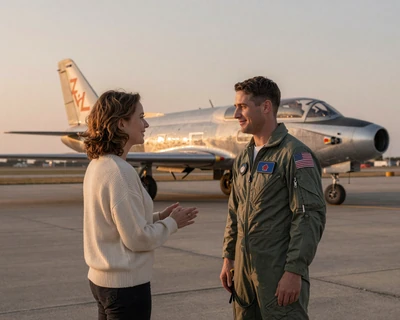 Couple at sunset on an Air Force flight line - aviator dating moment