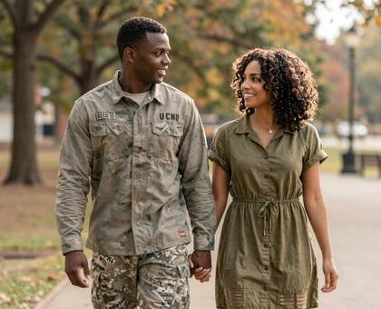 James and Aaliyah walking in park - army dating success story
