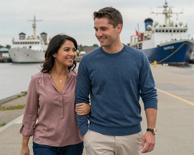 Naval officer and partner walking along Norfolk waterfront - naval officer dating couple
