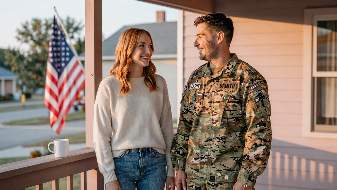 Civilian partner and active duty Army officer on porch at golden hour - dating a military man guide