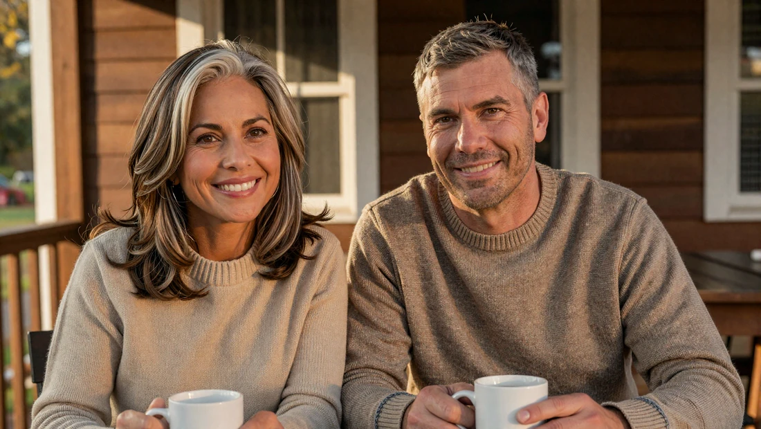 Retired military couple sharing coffee on a porch - dating after military retirement guide for veterans