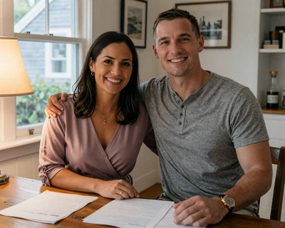 Ethan and Sienna at home in Groton with letters - submarine sailor dating success story