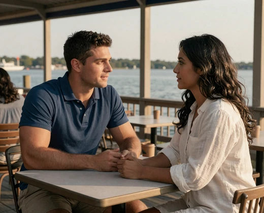 Daniel and Sofia at Groton coastal cafe - navy submariner dating story