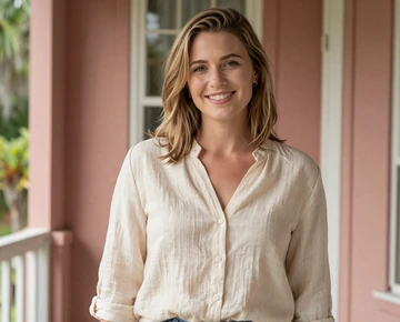 Smiling woman on a Fayetteville porch - army dating site category