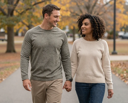 James and Aaliyah walking in autumn park - army officer dating success story