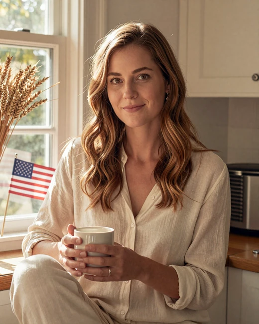 Smiling young American woman waiting at sunlit window - military dating site member