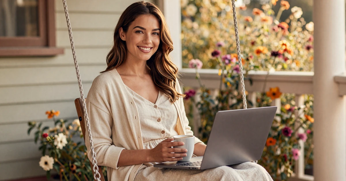 Woman on porch swing browsing military dating sites - where to meet military men online in 2026